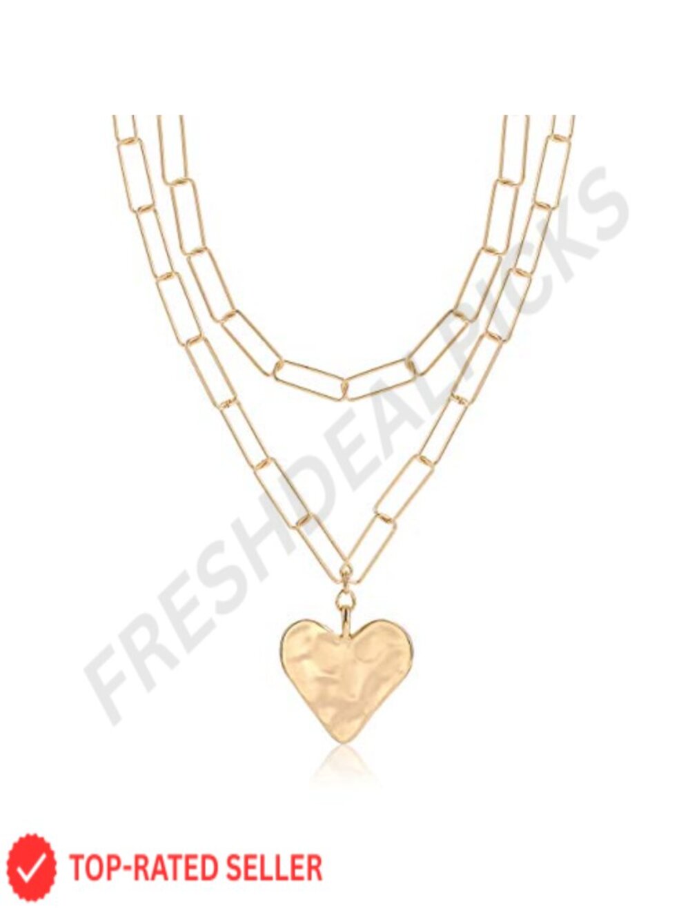 Layered Paper Clip Chain Choker Necklace with Hammered Heart Pendant